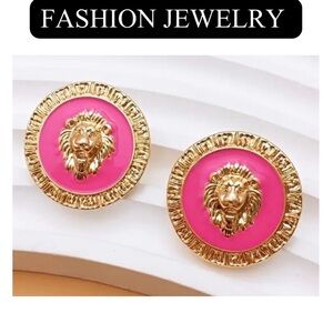10FJ: Vintage Style Hot Pink & Gold Tone Lion Head Stud Zinc Alloy Earrings, NIP